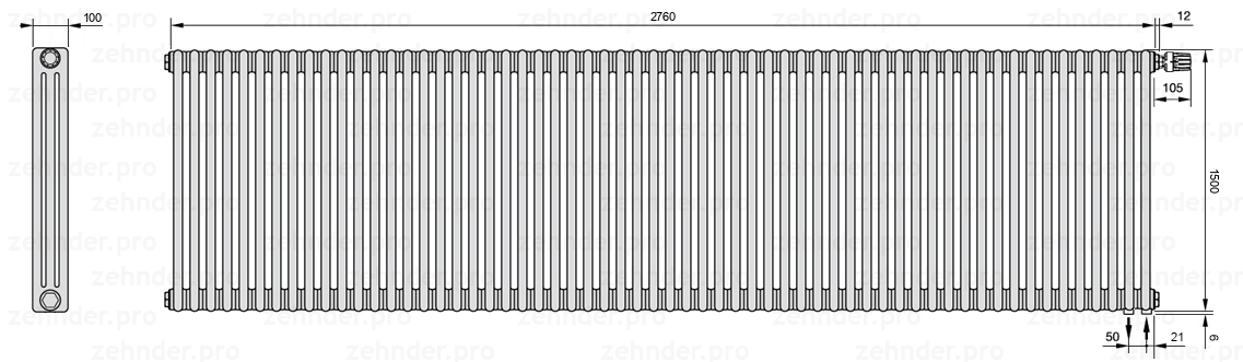 Схема (чертеж) Радиатор Zehnder Charleston 3150/60 №V002 Белый глянцевый RAL 9016